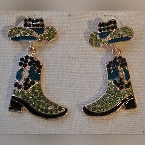 Western Cowboy Boot and Hat Earrings With Green Rhinestones